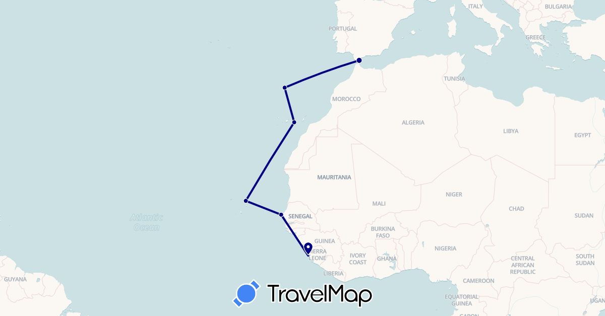 TravelMap itinerary: driving in Cape Verde, Spain, Gibraltar, Portugal, Sierra Leone, Senegal (Africa, Europe)
